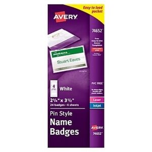 Avery Pin Style Laser/Inkjet Name Badge Kit, 2 1/4" x 3 1/2", 24/Pack (74652)